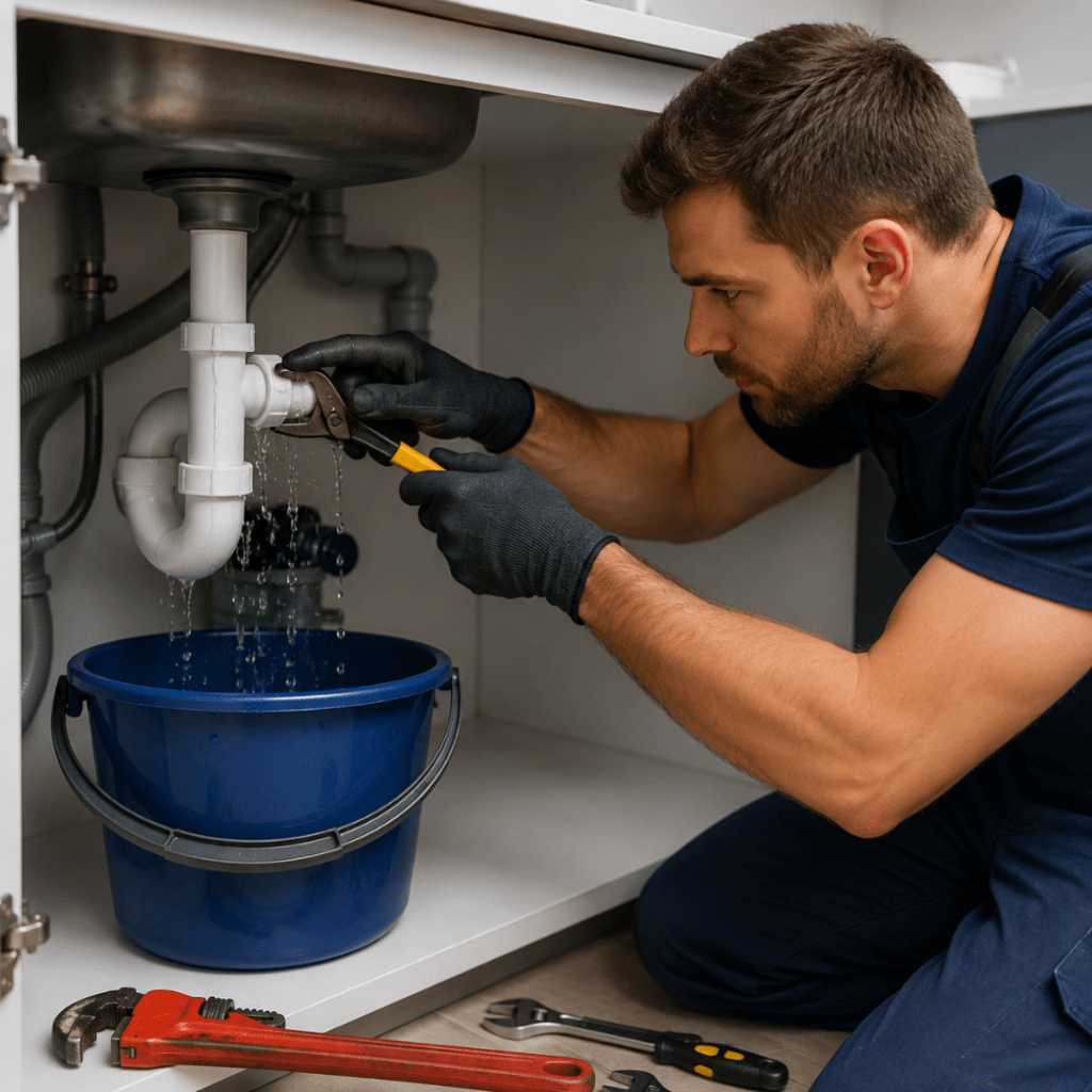 Plumber in gloves tightening a pipe under a kitchen sink while water drips into a blue bucket with tools nearby