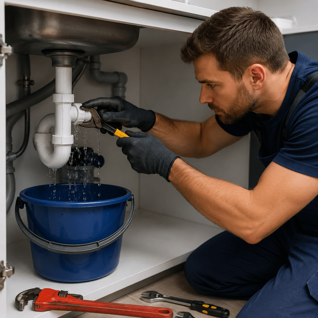 Plumber in gloves tightening a pipe under a kitchen sink while water drips into a blue bucket with tools nearby