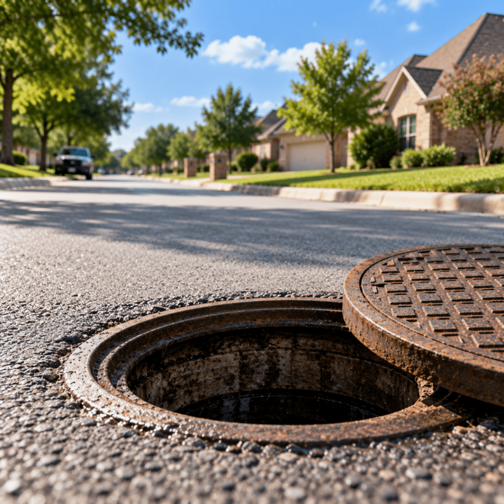 Open manhole with rusted cover partially lifted on residential street, with suburban houses in the background (potential trip hazard). Includes blue sky and trees.