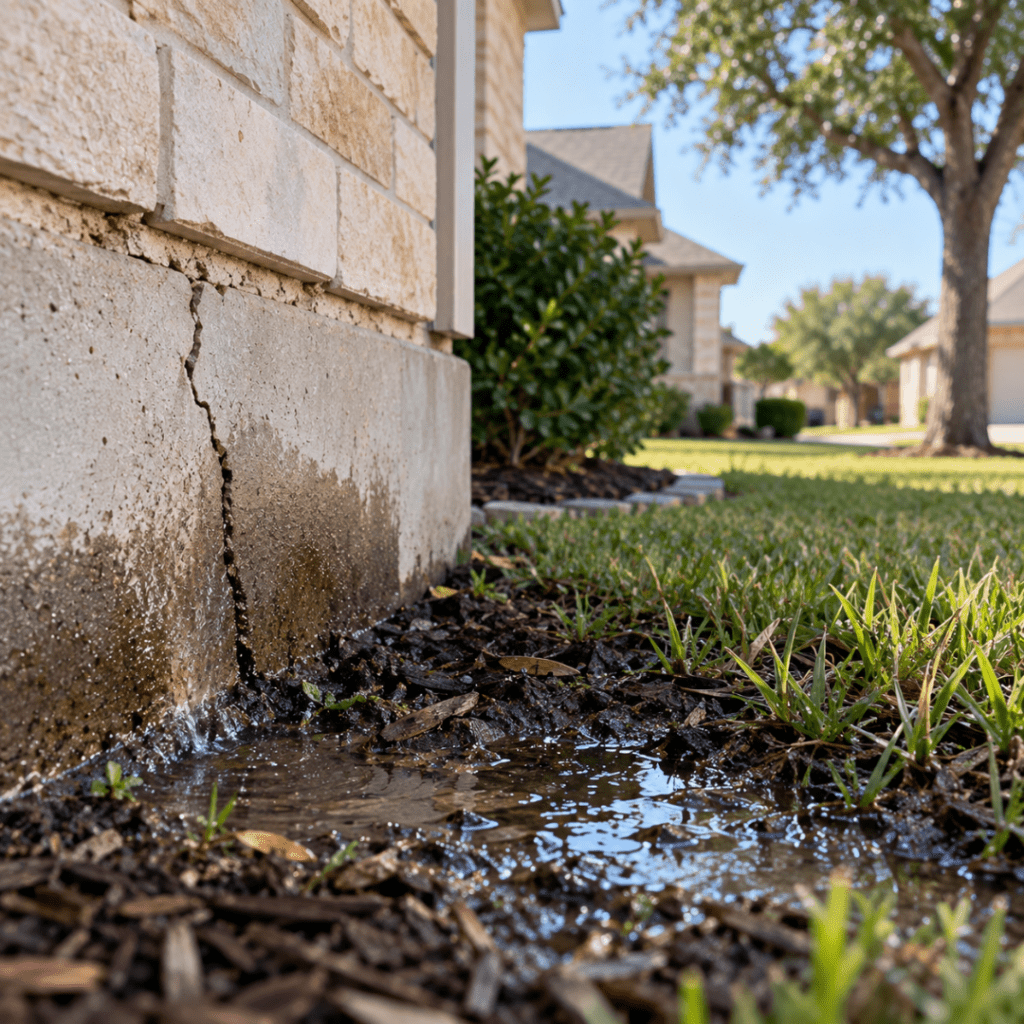 Water seeping from the foundation of a brick house, forming a small puddle along the base.