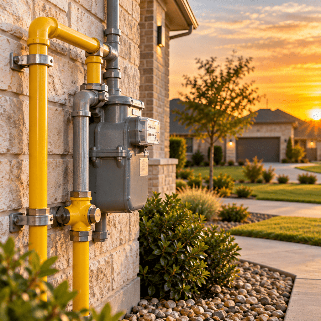 Gas meter with yellow gas pipes mounted on a brick house exterior at sunset in a suburban yard.